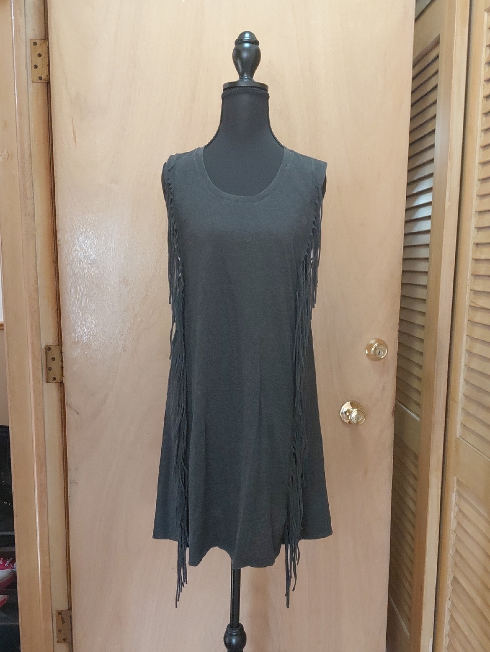 Fringe Sleeveless Swing Dress - Black
